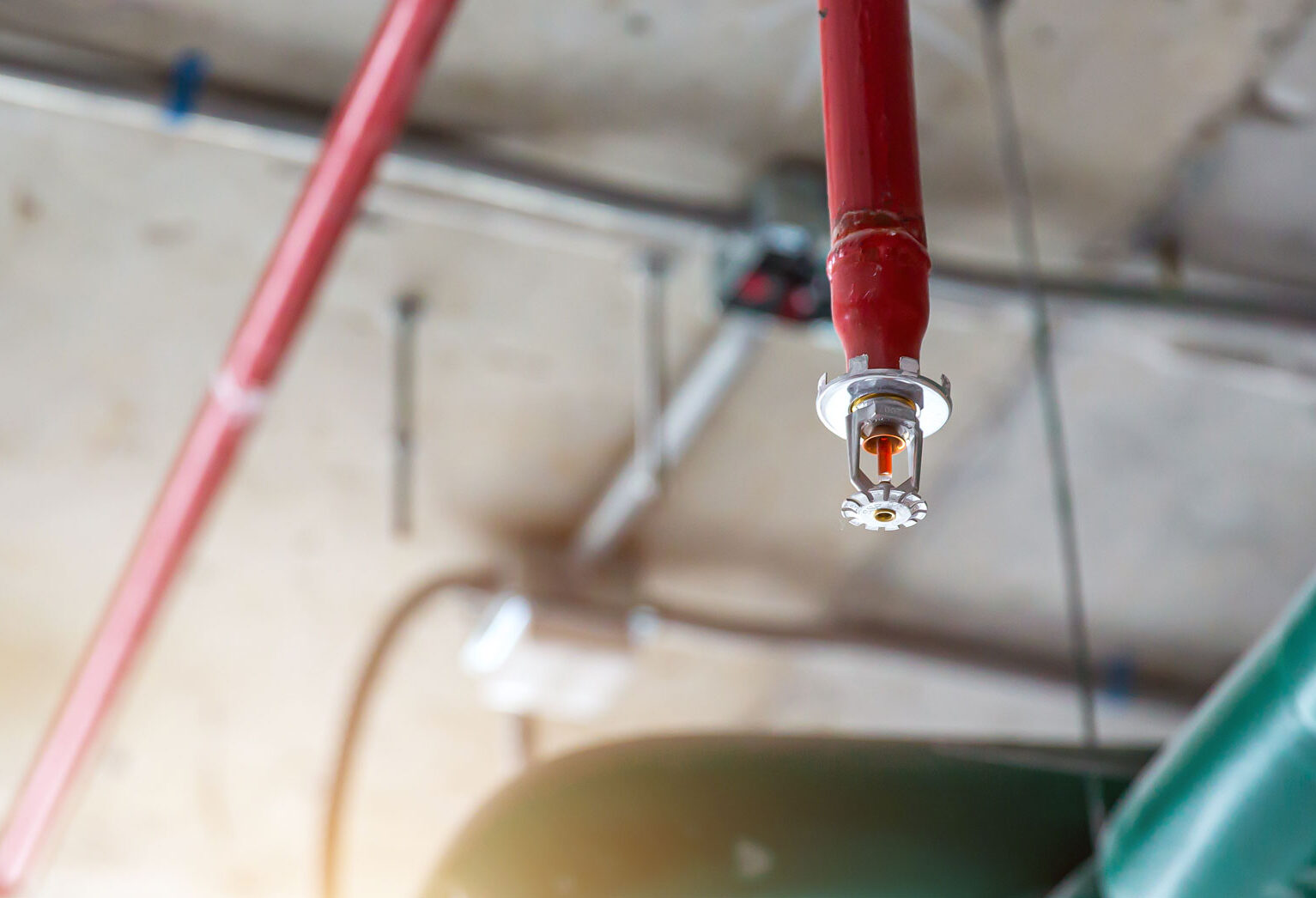 Pendant fire sprinkler head on red pipe installed in a commercial ceiling